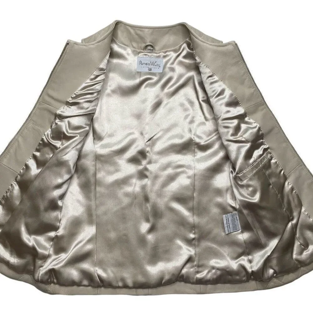 Patricia McCoy Leather Vest Jacket‎ Women's XS Cream Quilted Sleeveless Zipper
